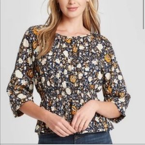 Navy, Mustard, and White Floral Peplum Top